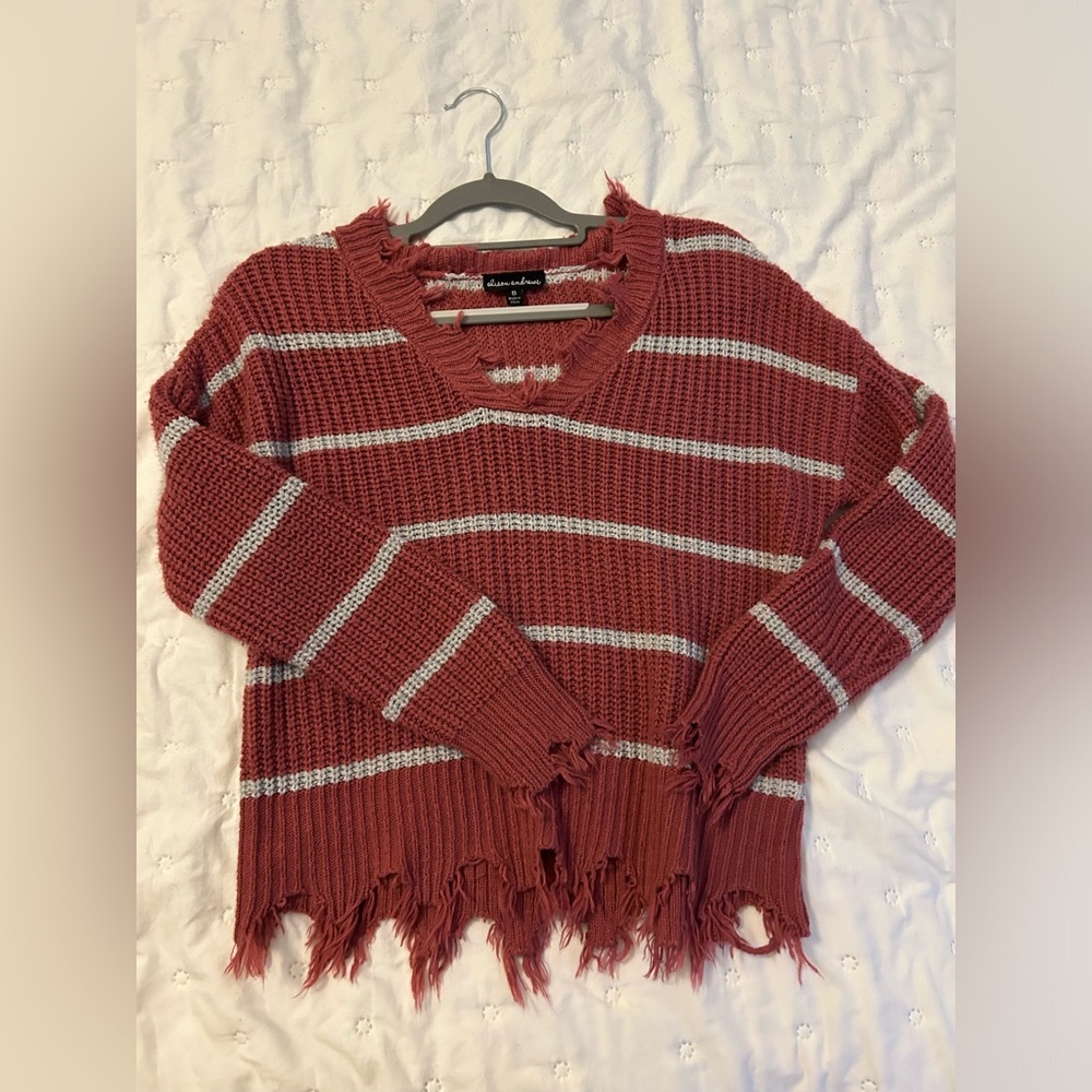 Dark Pink Striped Frayed V-Neck Sweater